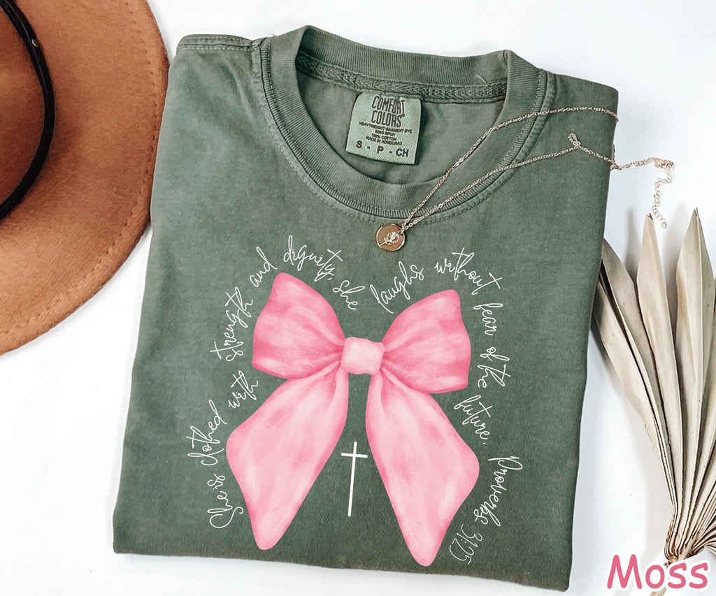 Comfort Colors® Coquette Christian Shirt Bible Verse Pink Bow Shirt Faith Shirt Womens Christian Gifts Religious Women Gift Jesus T-Shirt