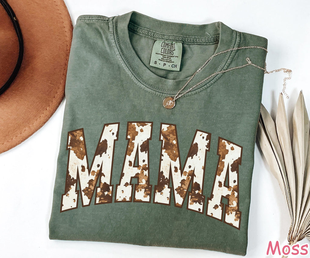 Comfort Colors® Western Cow Print Mama Shirt, Trendy Shirt for Mom, Mothers Day Gift, Country Mama Tee, Gift for Mom, Cowhide Mama T-Shirt