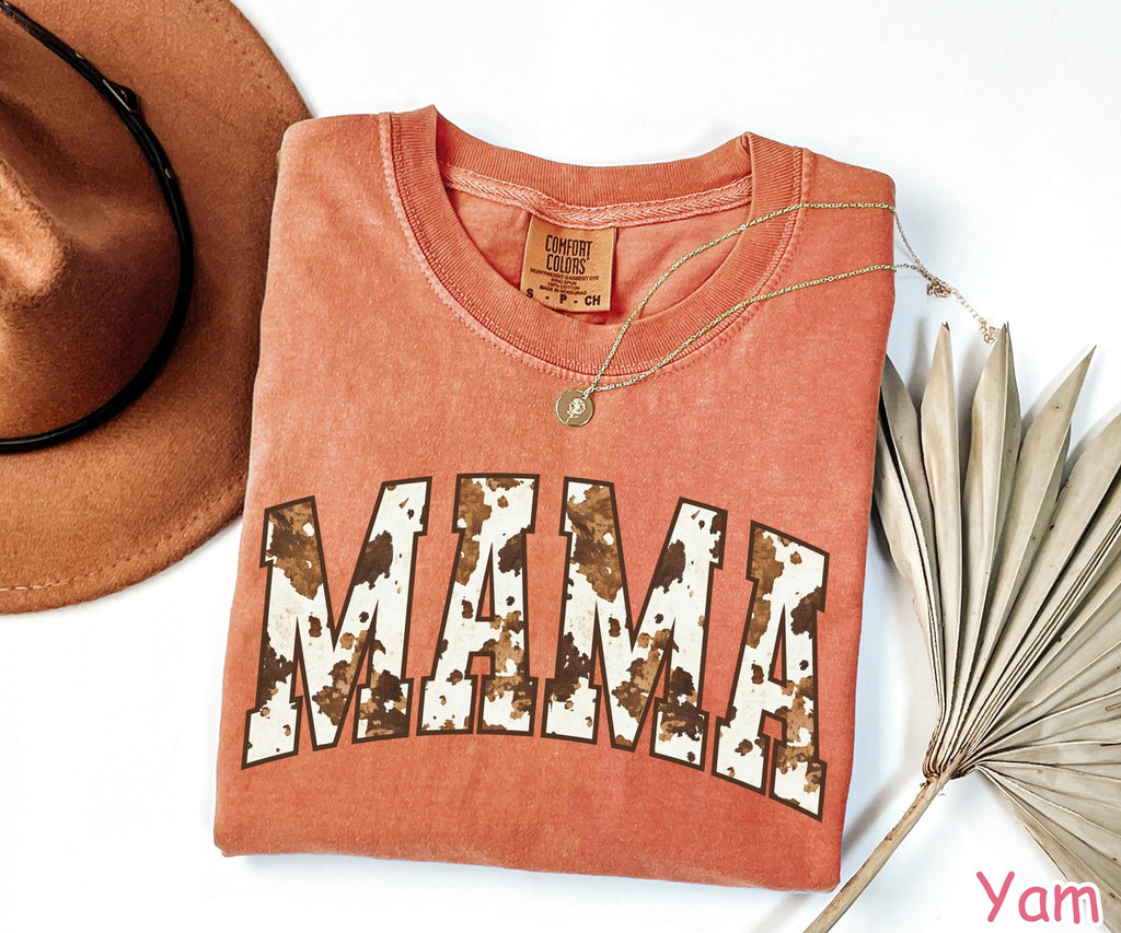 Comfort Colors® Western Cow Print Mama Shirt, Trendy Shirt for Mom, Mothers Day Gift, Country Mama Tee, Gift for Mom, Cowhide Mama T-Shirt