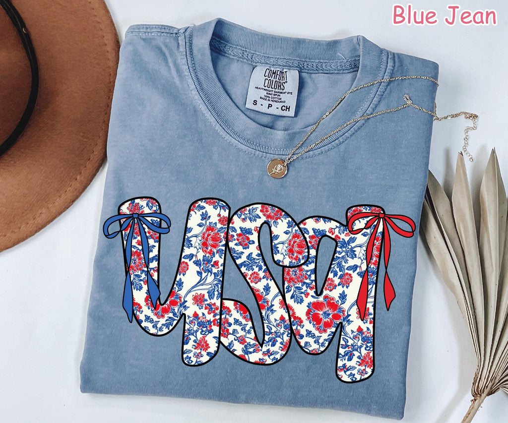 Comfort Colors® Coquette Bow USA Shirt 4th of July Shirt Cute Women's Patriotic Shirt USA Bow Tee America Shirt Fourth of July Gift for Her