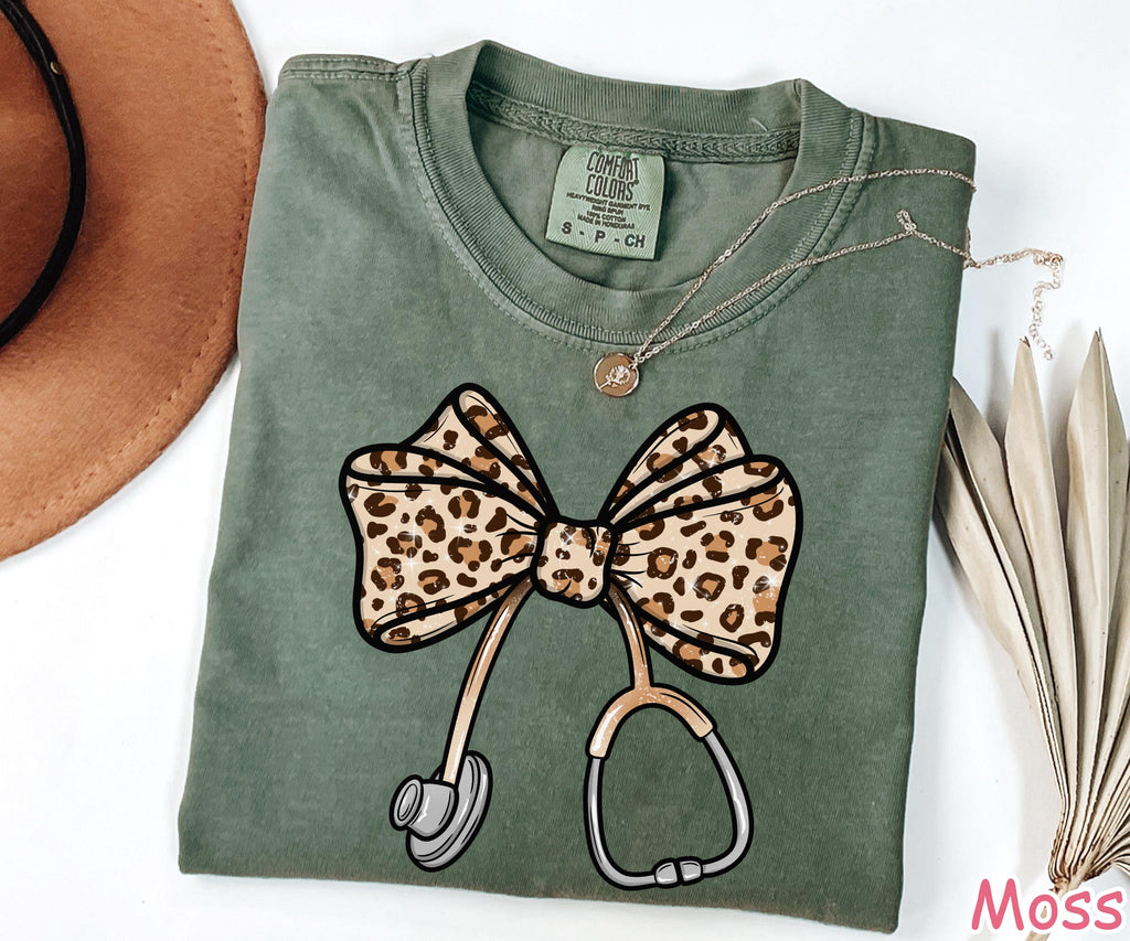 Comfort Colors® Coquette Bow Nurse Shirt, Trendy Leopard Nursing Shirt, Nurse Gift, Nurse Appreciation Gift, RN Shirt, Registered Nurse Tee