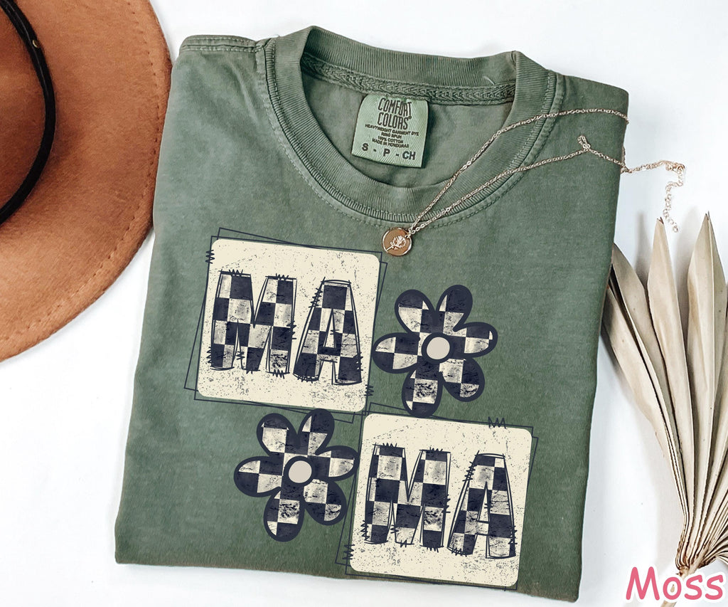 Comfort Colors Retro Checkered Mama Shirt, Trendy Crewneck