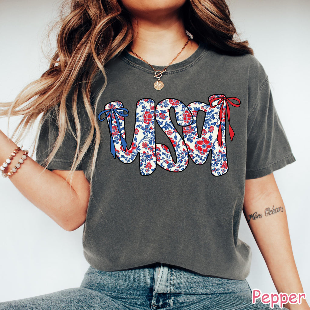 Comfort Colors® Coquette Bow USA Shirt 4th of July Shirt Cute Women's Patriotic Shirt USA Bow Tee America Shirt Fourth of July Gift for Her