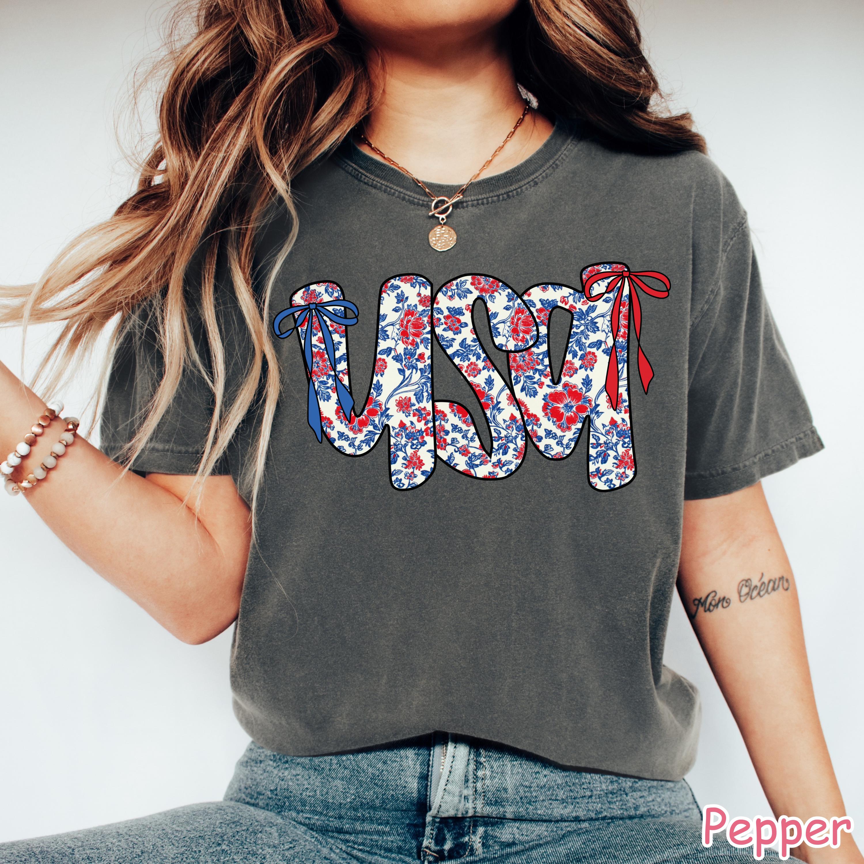 Comfort Colors® Coquette Bow USA Shirt 4th of July Shirt Cute Women's Patriotic Shirt USA Bow Tee America Shirt Fourth of July Gift for Her