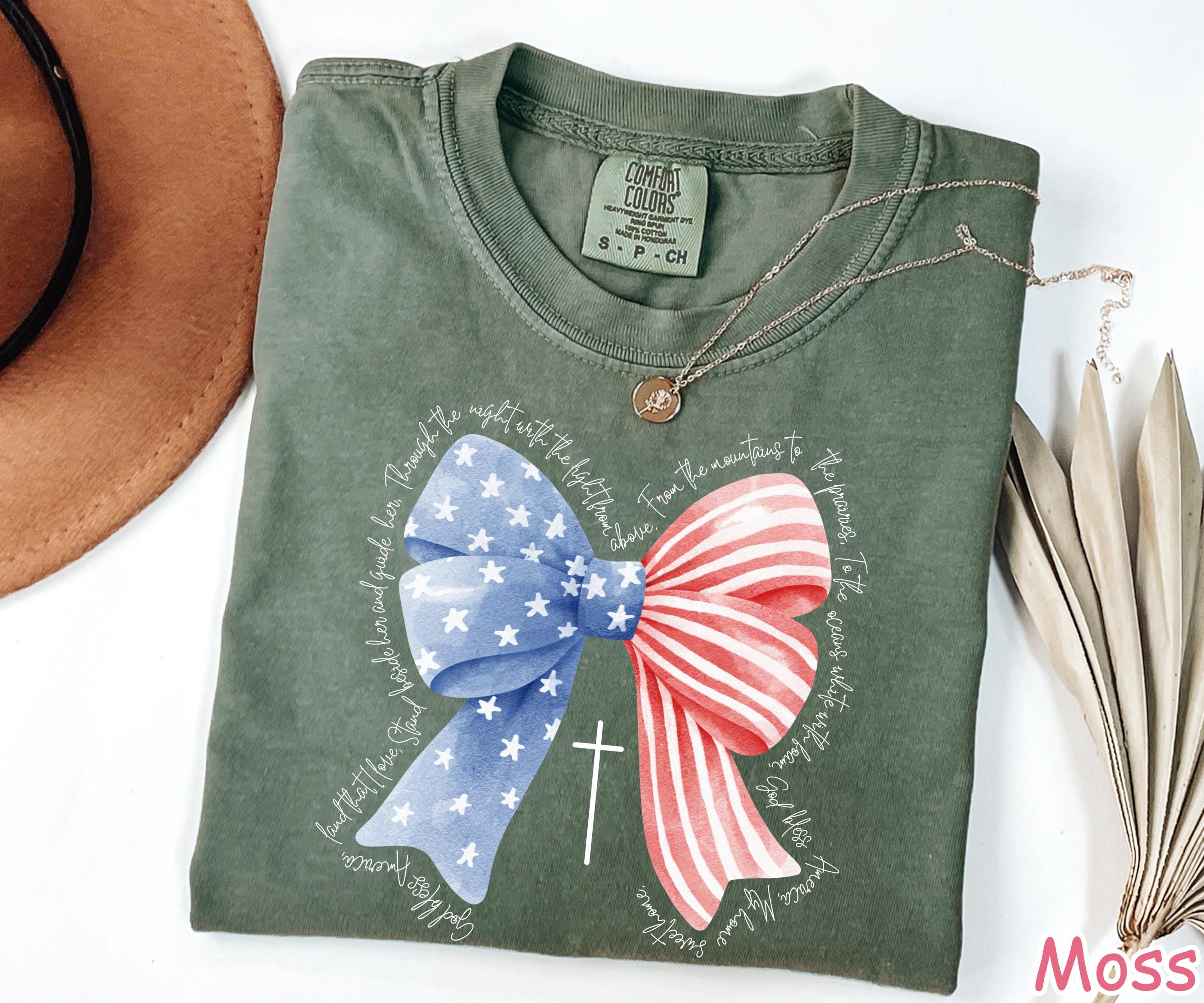Comfort Colors® Coquette Bow 4th of July Shirt Christian Women's Patriotic Shirt God Bless America Religious Shirt Fourth of July Faith Tee