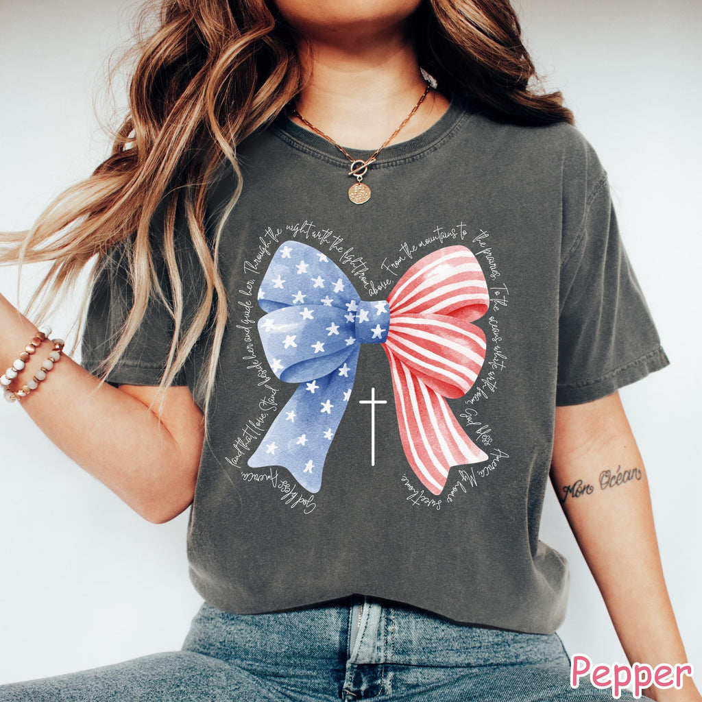 Comfort Colors® Coquette Bow 4th of July Shirt Christian Women's Patriotic Shirt God Bless America Religious Shirt Fourth of July Faith Tee