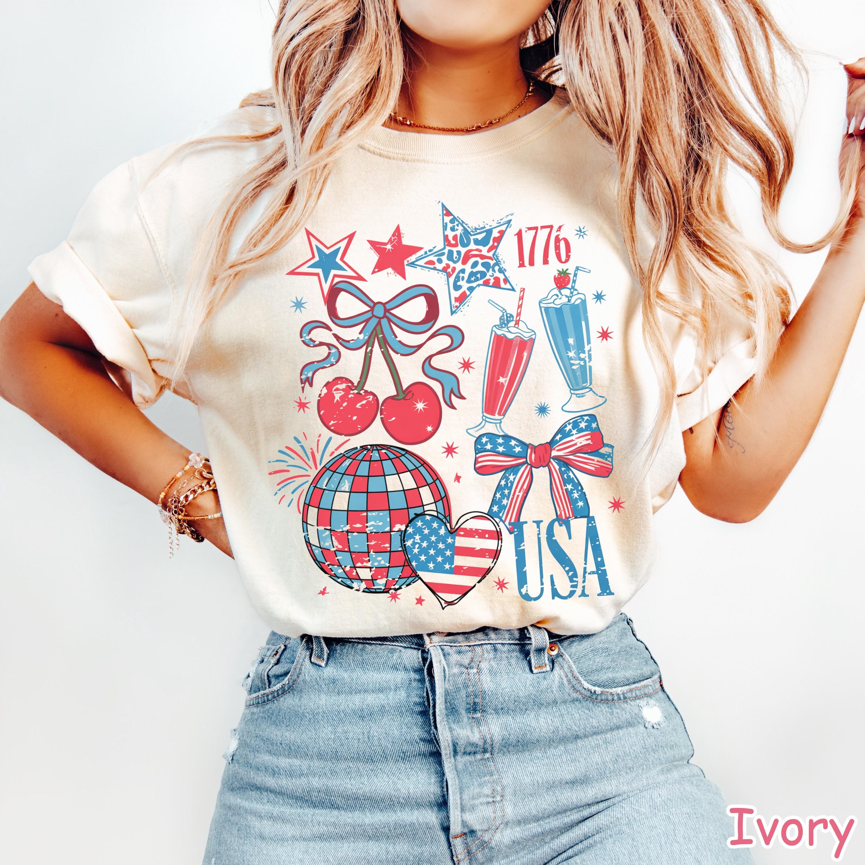 Comfort Colors® Retro USA Coquette Shirt, 4th of July Shirt, Women's Patriotic Shirt, USA Bow Tee, American Girly Shirt Fourth of July Shirt