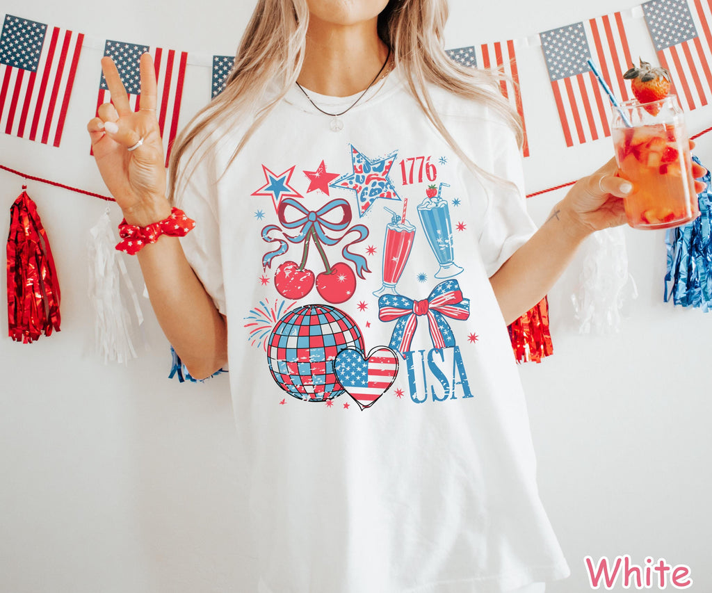 Comfort Colors® Retro USA Coquette Shirt, 4th of July Shirt, Women's Patriotic Shirt, USA Bow Tee, American Girly Shirt Fourth of July Shirt