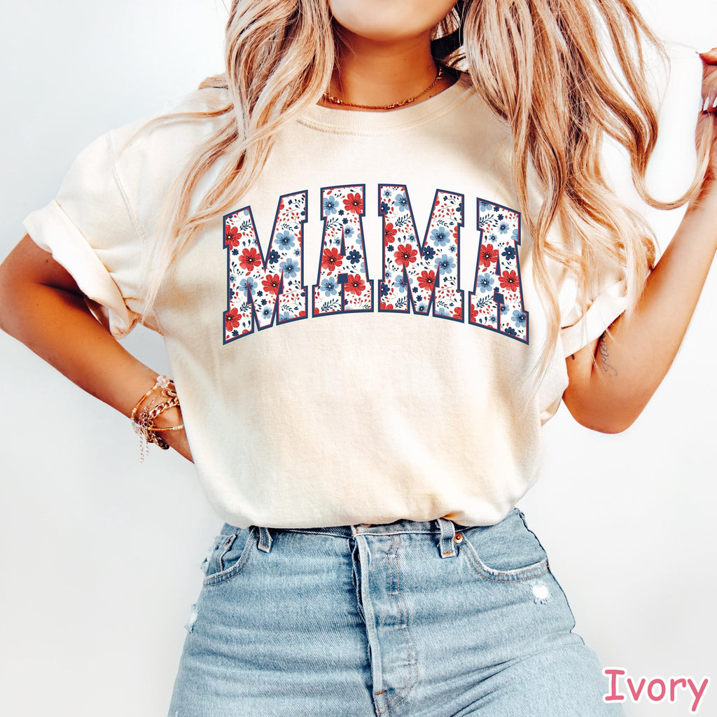 Comfort Colors® Floral American Mama Shirt, Retro 4th of July Mom Shirt, Floral USA Mom Shirt, Womens Patriotic Shirt, Cute Gift for Mom
