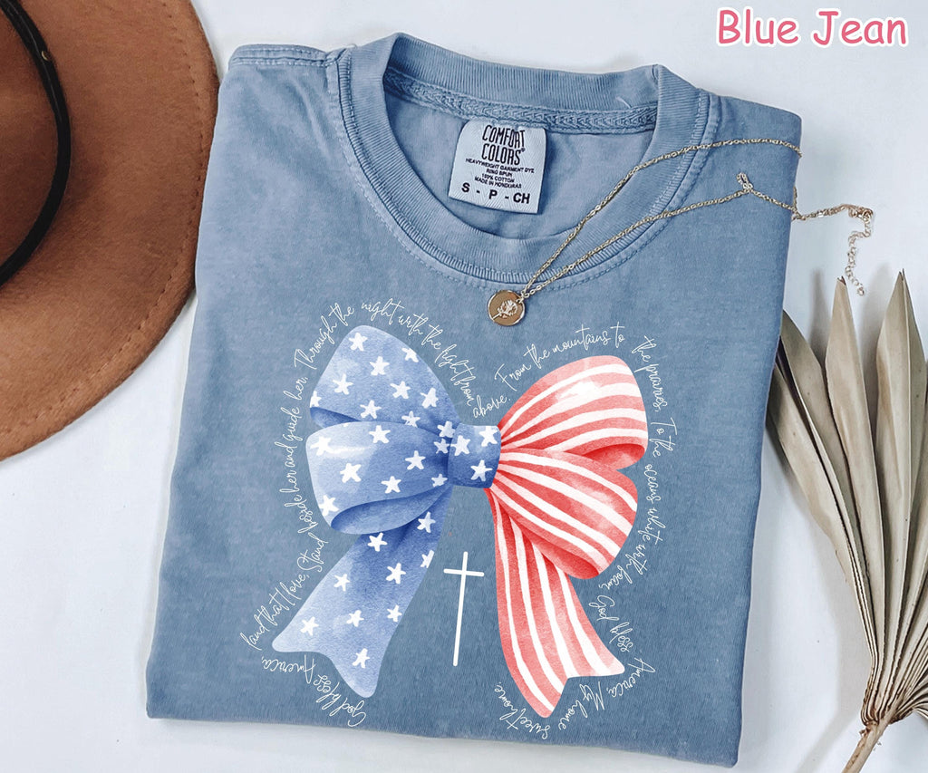 Comfort Colors® Coquette Bow 4th of July Shirt Christian Women's Patriotic Shirt God Bless America Religious Shirt Fourth of July Faith Tee