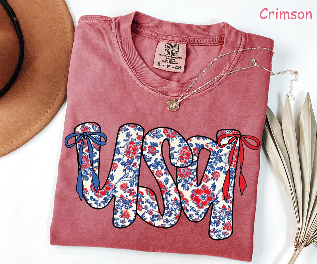 Comfort Colors® Coquette Bow USA Shirt 4th of July Shirt Cute Women's Patriotic Shirt USA Bow Tee America Shirt Fourth of July Gift for Her
