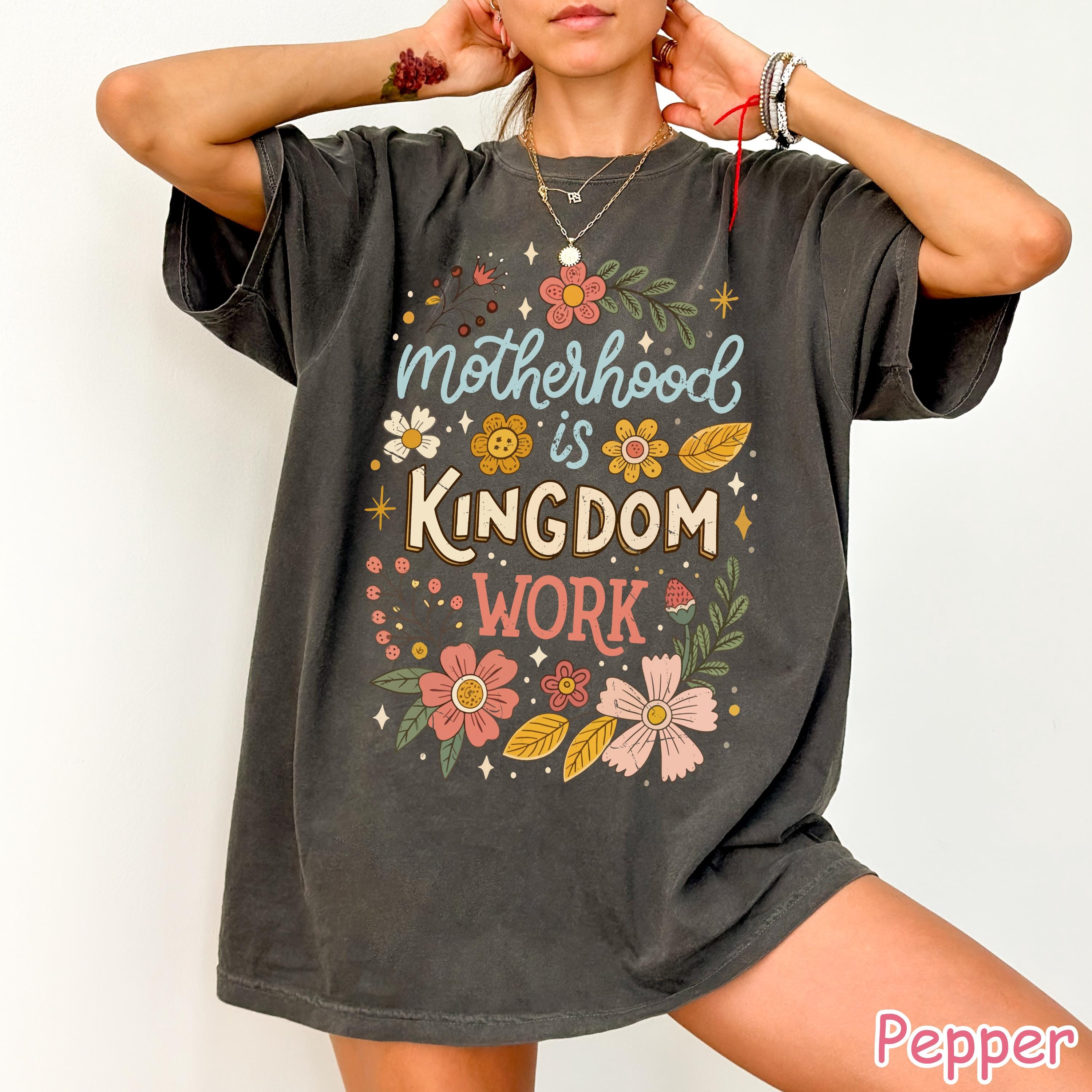 Comfort Colors® Motherhood is Kingdom Work Shirt, Boho Floral Christian Mama Shirt, Mother's Day Gift, Retro Mom Life Tee, Cute Gift for Mom