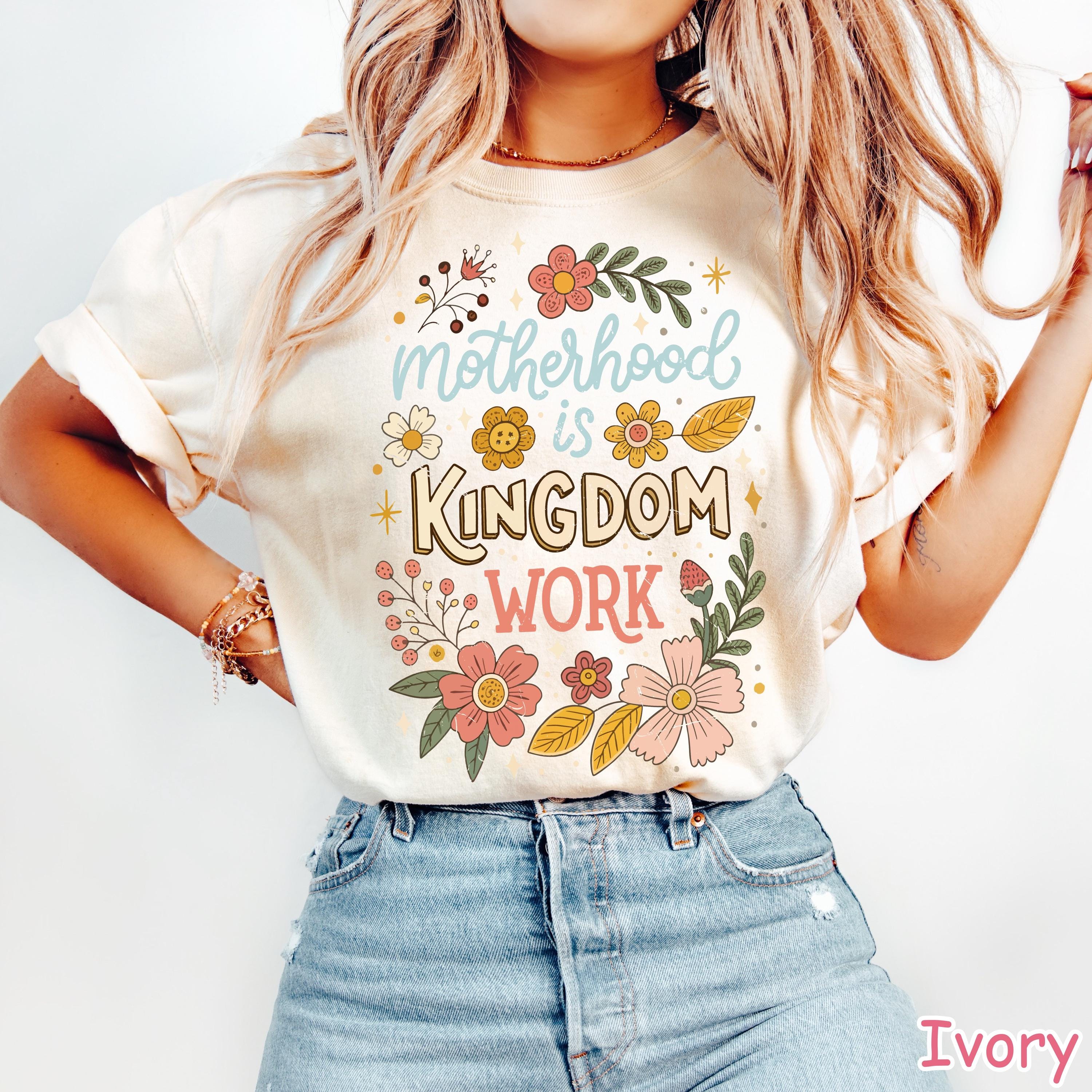 Comfort Colors® Motherhood is Kingdom Work Shirt, Boho Floral Christian Mama Shirt, Mother's Day Gift, Retro Mom Life Tee, Cute Gift for Mom
