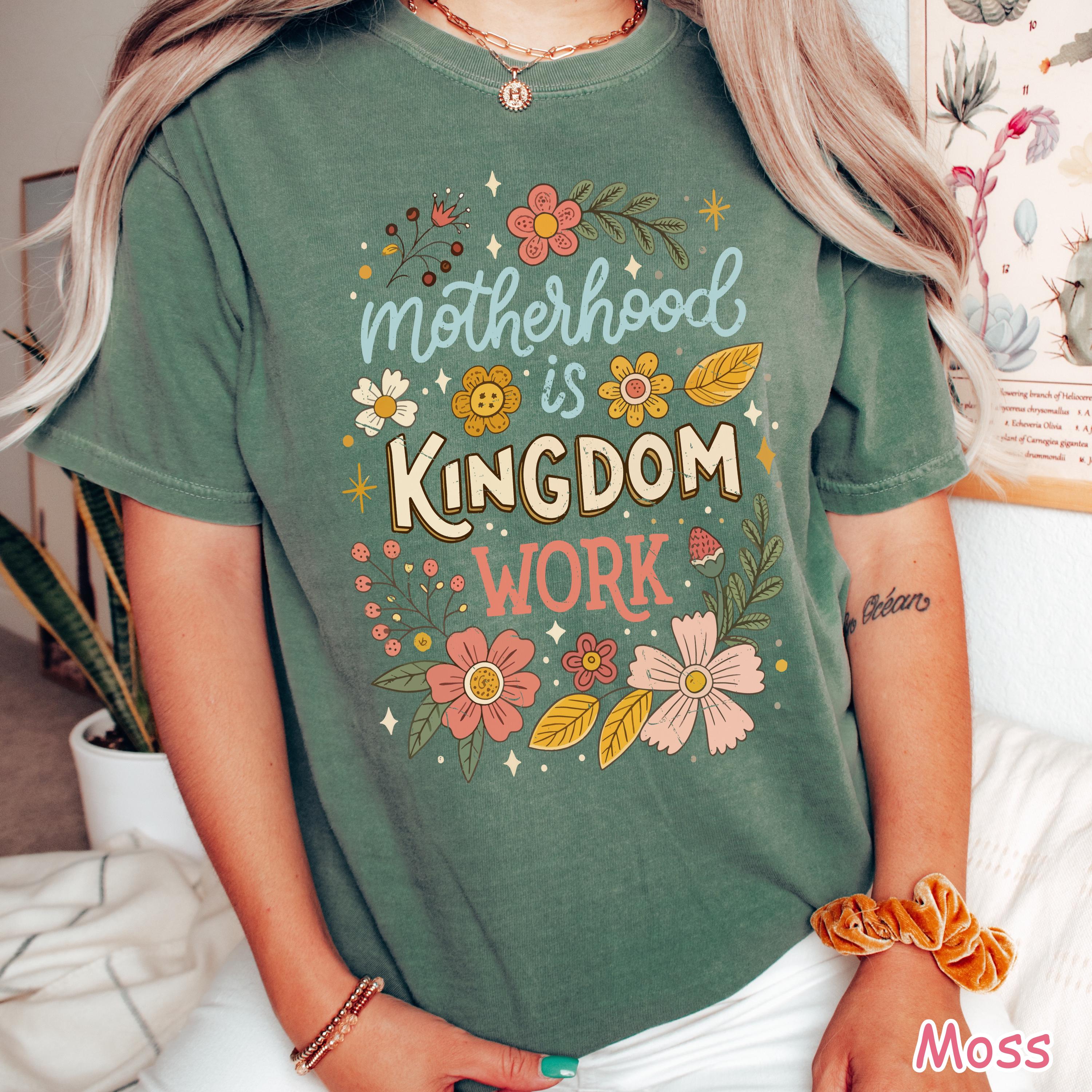 Comfort Colors® Motherhood is Kingdom Work Shirt, Boho Floral Christian Mama Shirt, Mother's Day Gift, Retro Mom Life Tee, Cute Gift for Mom