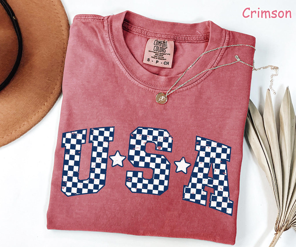 Comfort Colors® Retro Checkered USA Shirt 4th of July Shirt America Shirt Trendy Fourth of July Tee Womens Patriotic Shirt Independence Day