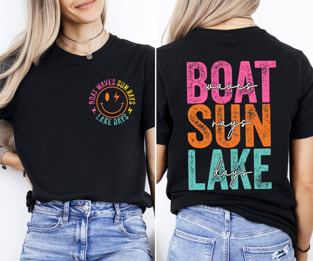 Retro Lake Days T-Shirt, Boat Waves Sun Rays Design