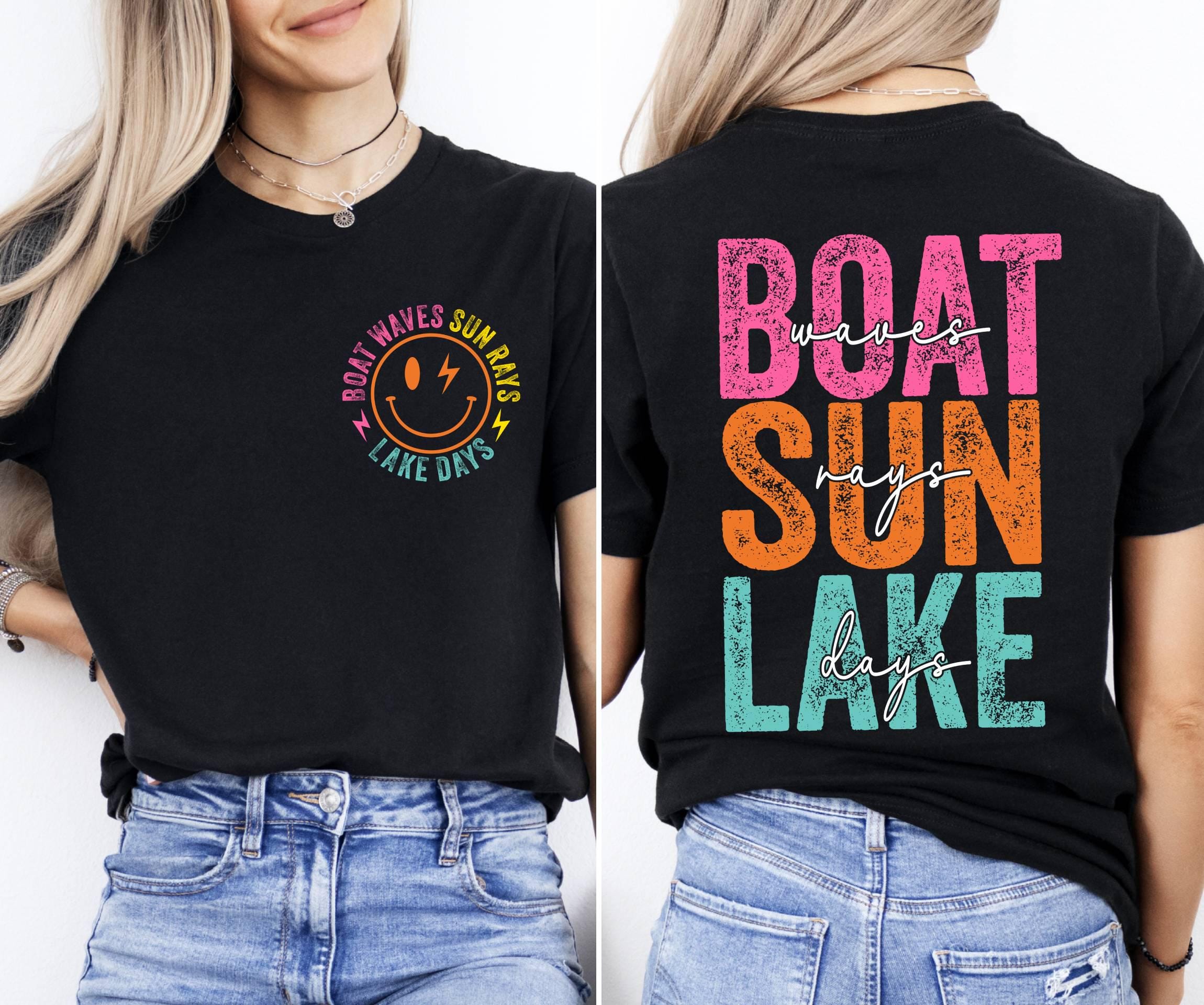 Retro Lake Days T-Shirt, Boat Waves Sun Rays Design