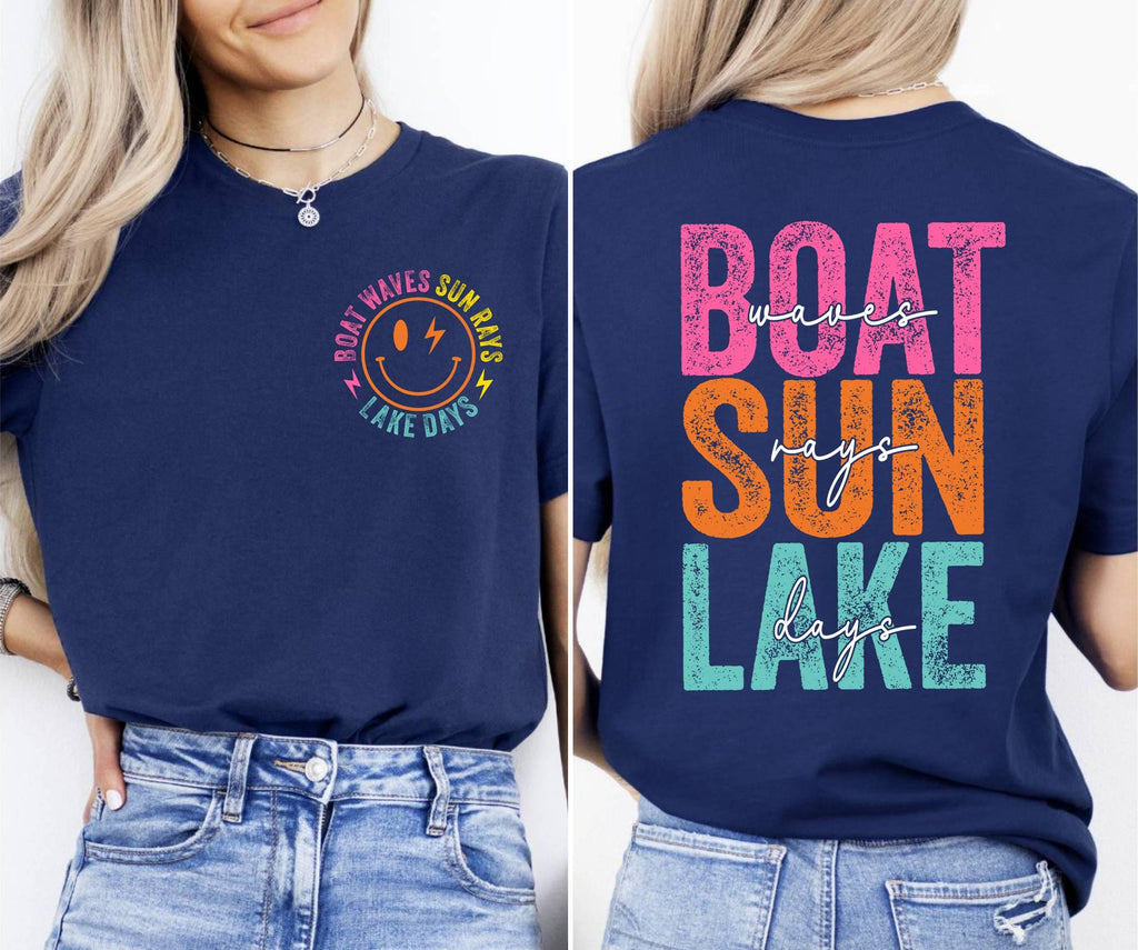 Retro Lake Days T-Shirt, Boat Waves Sun Rays Design