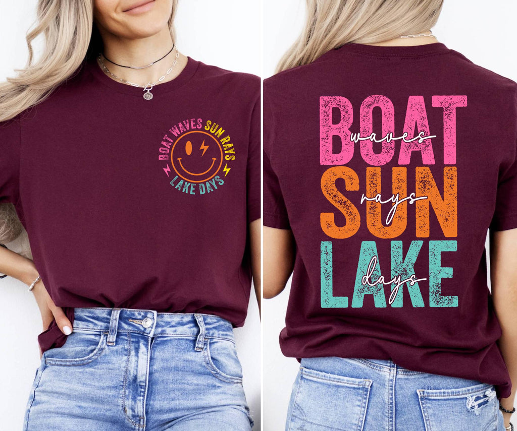 Retro Lake Days T-Shirt, Boat Waves Sun Rays Design