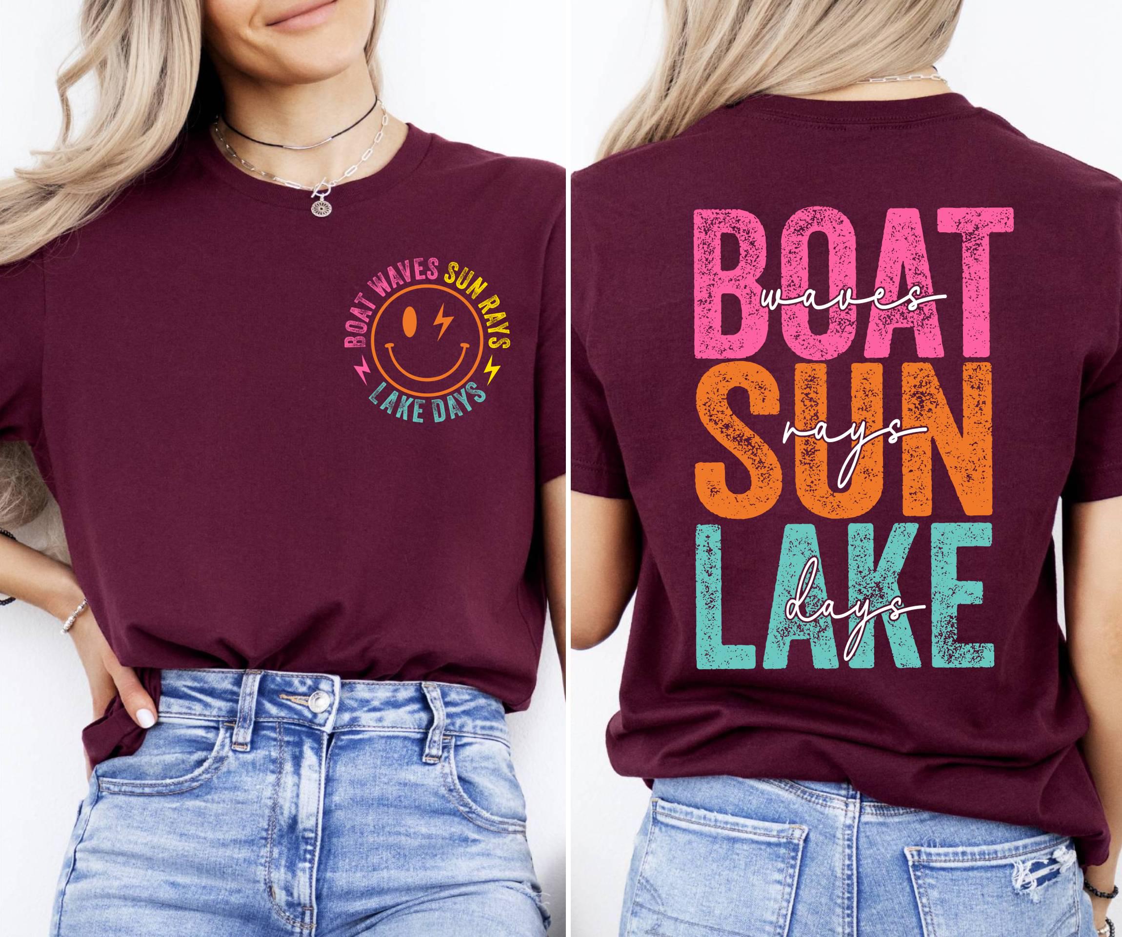 Retro Lake Days T-Shirt, Boat Waves Sun Rays Design