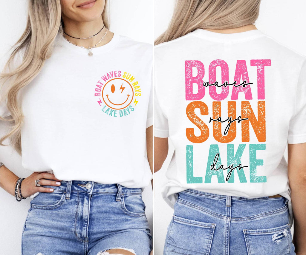 Retro Lake Days T-Shirt, Boat Waves Sun Rays Design