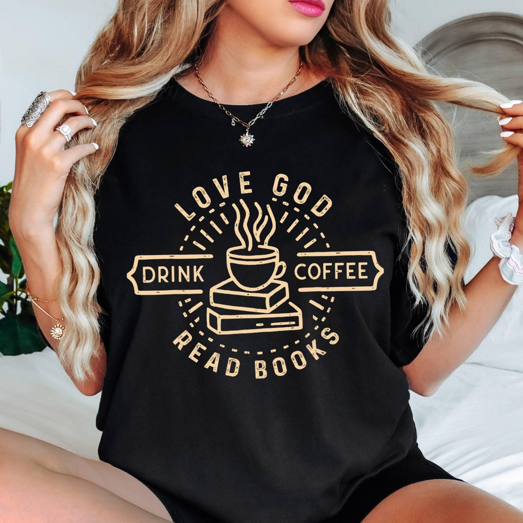 Comfort Colors Love God Coffee Books Shirt, Christian Reader Tee