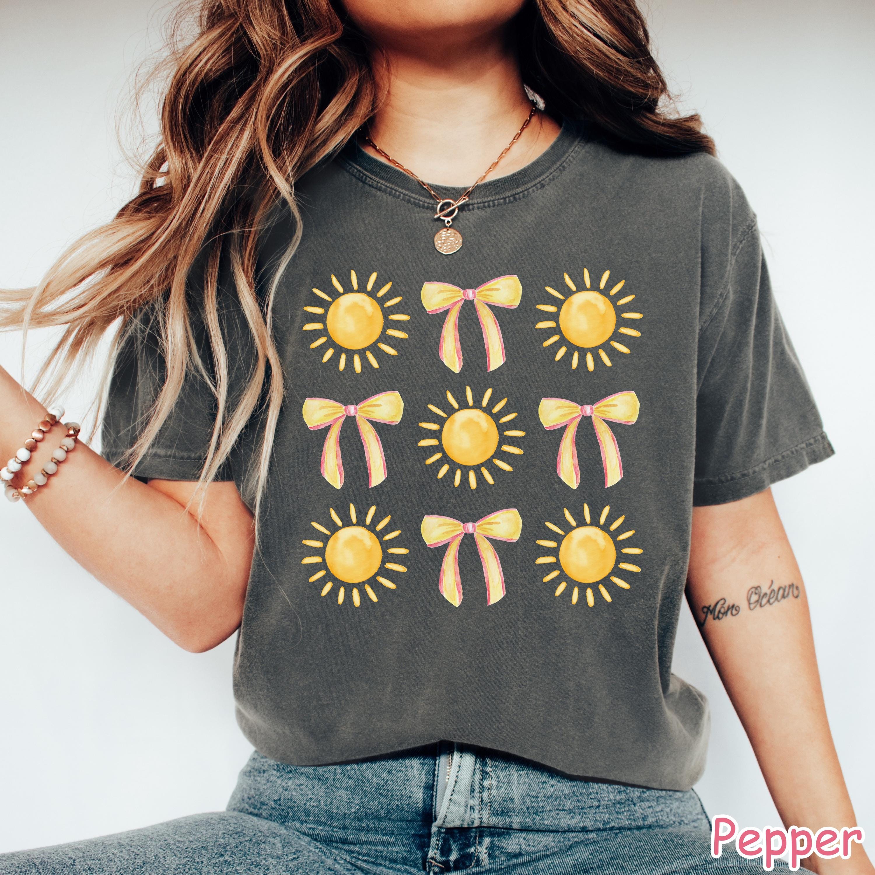 Comfort Colors® Coquette Bow Summer Shirt, Cute Beach Vibes Shirt, Sunshine Shirt Boho Summer Shirt for Women Trendy Sun and Bow Graphic Tee
