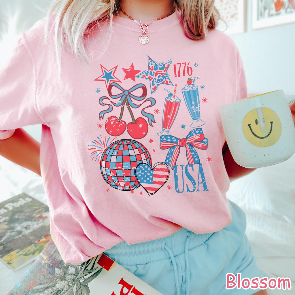 Comfort Colors® Retro USA Coquette Shirt, 4th of July Shirt, Women's Patriotic Shirt, USA Bow Tee, American Girly Shirt Fourth of July Shirt