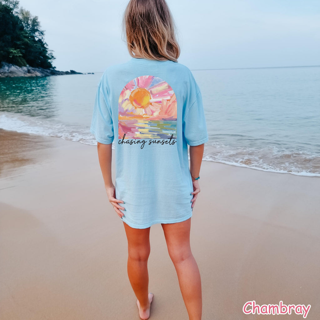 Comfort Colors® Chasing Sunsets Shirt, Summer Beach Shirt, Summer Aesthetic Shirt,  Trendy Vacation Shirt Boho Summer Vibes Tee Sunset Lover