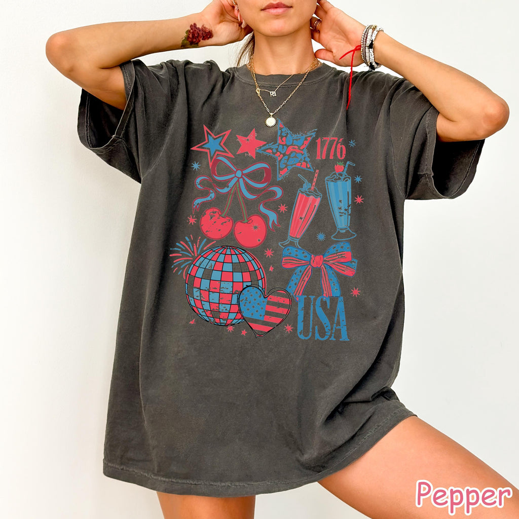 Comfort Colors® Retro USA Coquette Shirt, 4th of July Shirt, Women's Patriotic Shirt, USA Bow Tee, American Girly Shirt Fourth of July Shirt