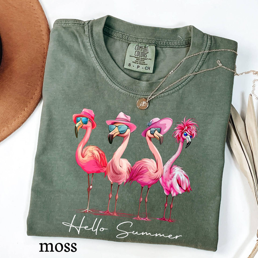 Comfort Colors© Hello Summer Flamingo T-Shirt, Funny Summer Beach Graphic Tee, Funny Vacation Shirt, Tropical Animal T-Shirt, Summer Girly