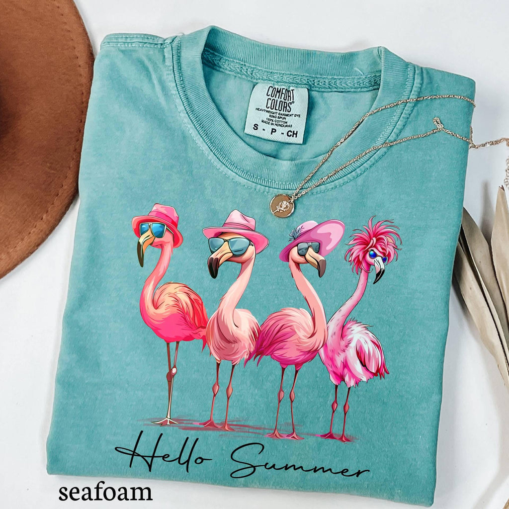 Comfort Colors© Hello Summer Flamingo T-Shirt, Funny Summer Beach Graphic Tee, Funny Vacation Shirt, Tropical Animal T-Shirt, Summer Girly