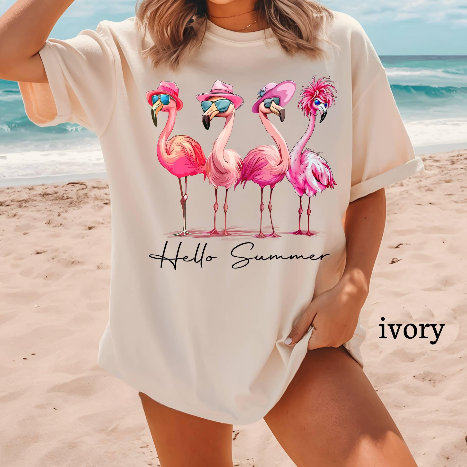 Comfort Colors© Hello Summer Flamingo T-Shirt, Funny Summer Beach Graphic Tee, Funny Vacation Shirt, Tropical Animal T-Shirt, Summer Girly
