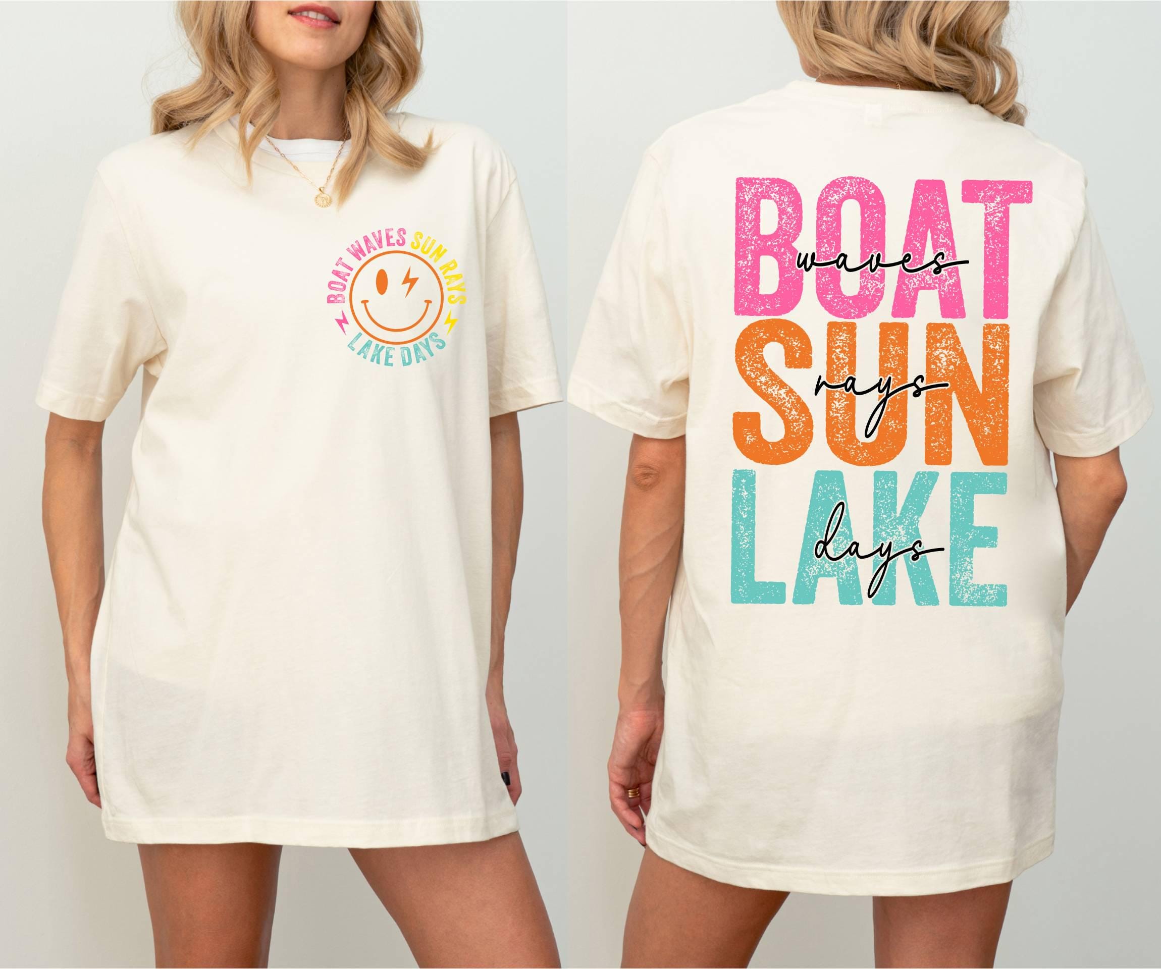 Retro Lake Days T-Shirt, Boat Waves Sun Rays Design