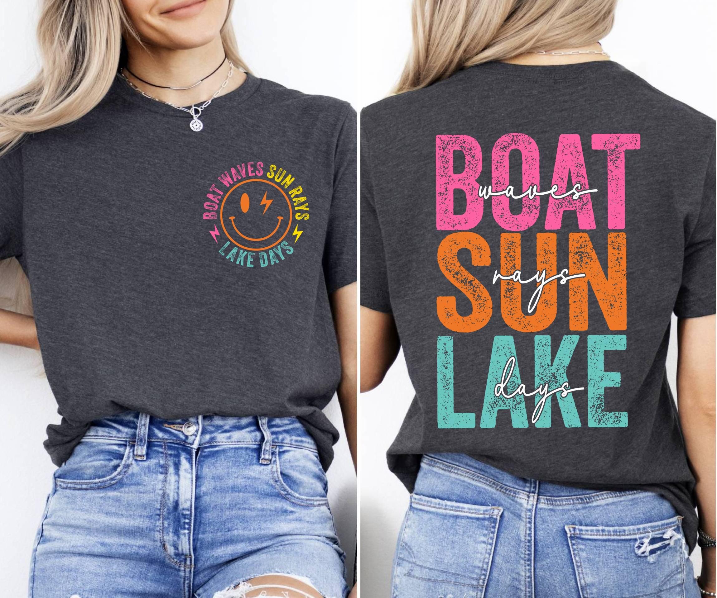 Retro Lake Days T-Shirt, Boat Waves Sun Rays Design