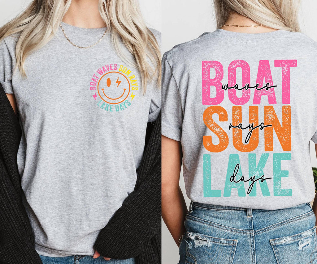 Retro Lake Days T-Shirt, Boat Waves Sun Rays Design