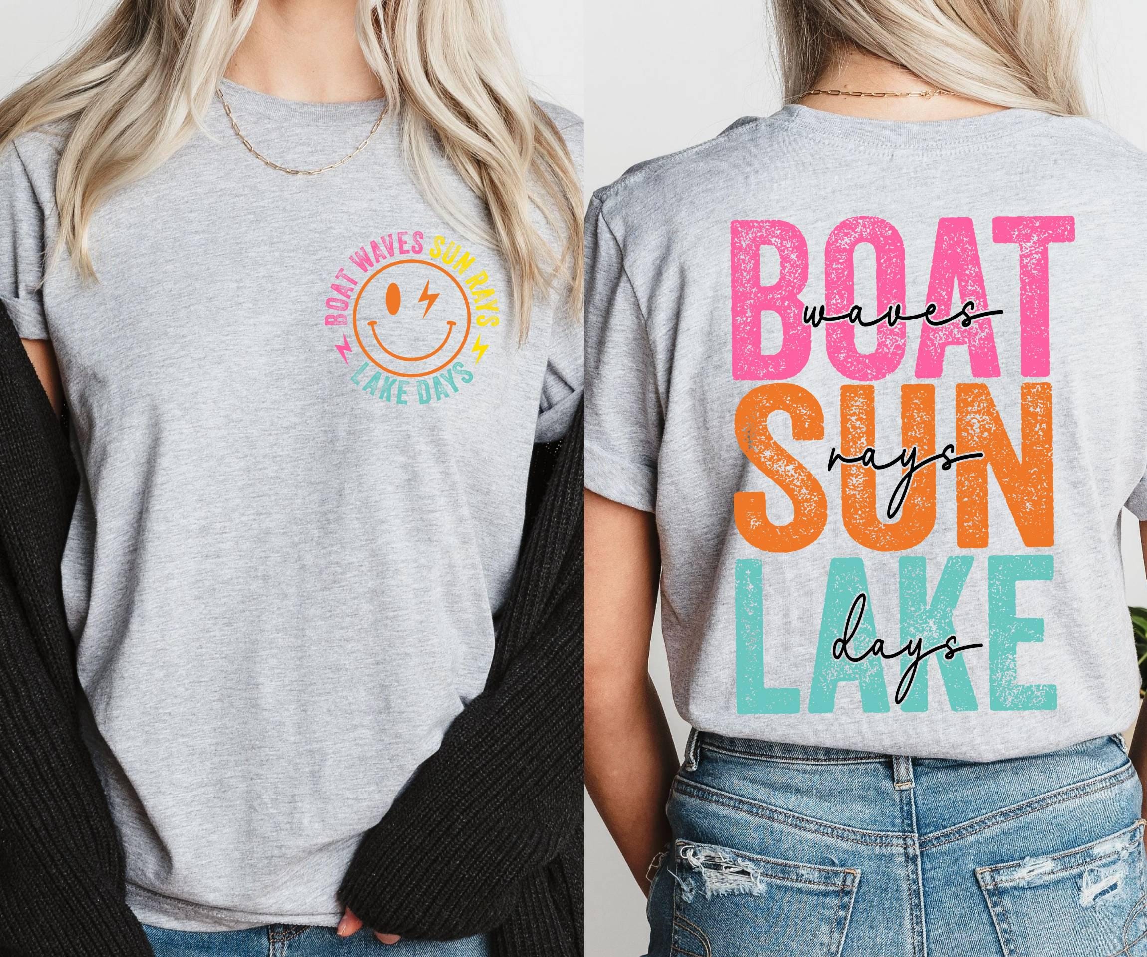 Retro Lake Days T-Shirt, Boat Waves Sun Rays Design