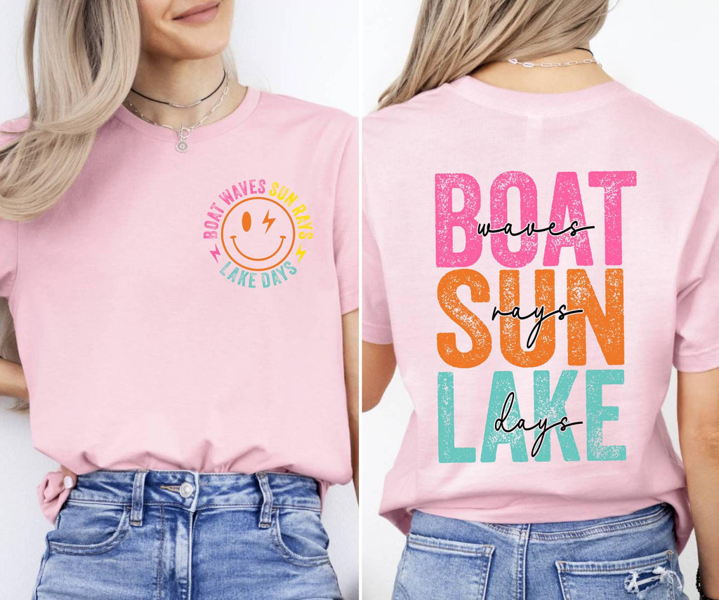 Retro Lake Days T-Shirt, Boat Waves Sun Rays Design