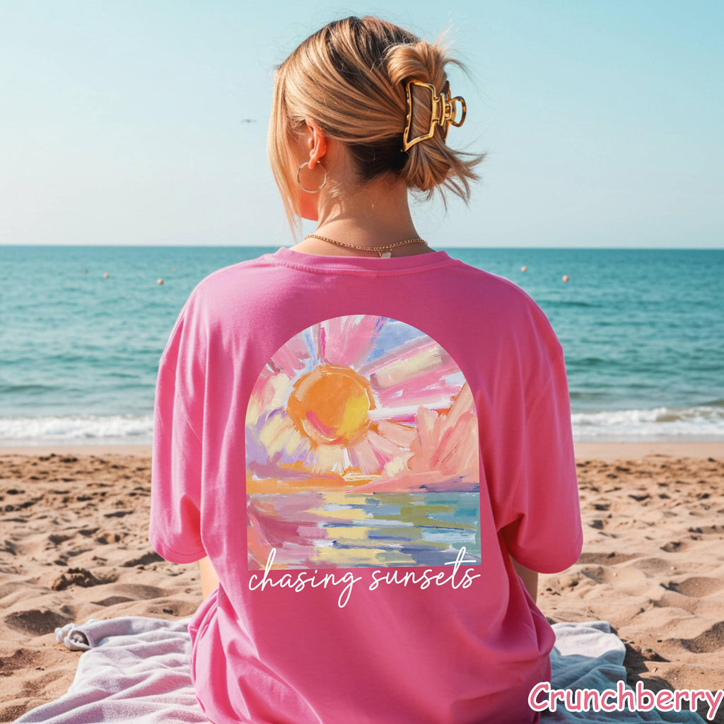 Comfort Colors® Chasing Sunsets Shirt, Summer Beach Shirt, Summer Aesthetic Shirt,  Trendy Vacation Shirt Boho Summer Vibes Tee Sunset Lover