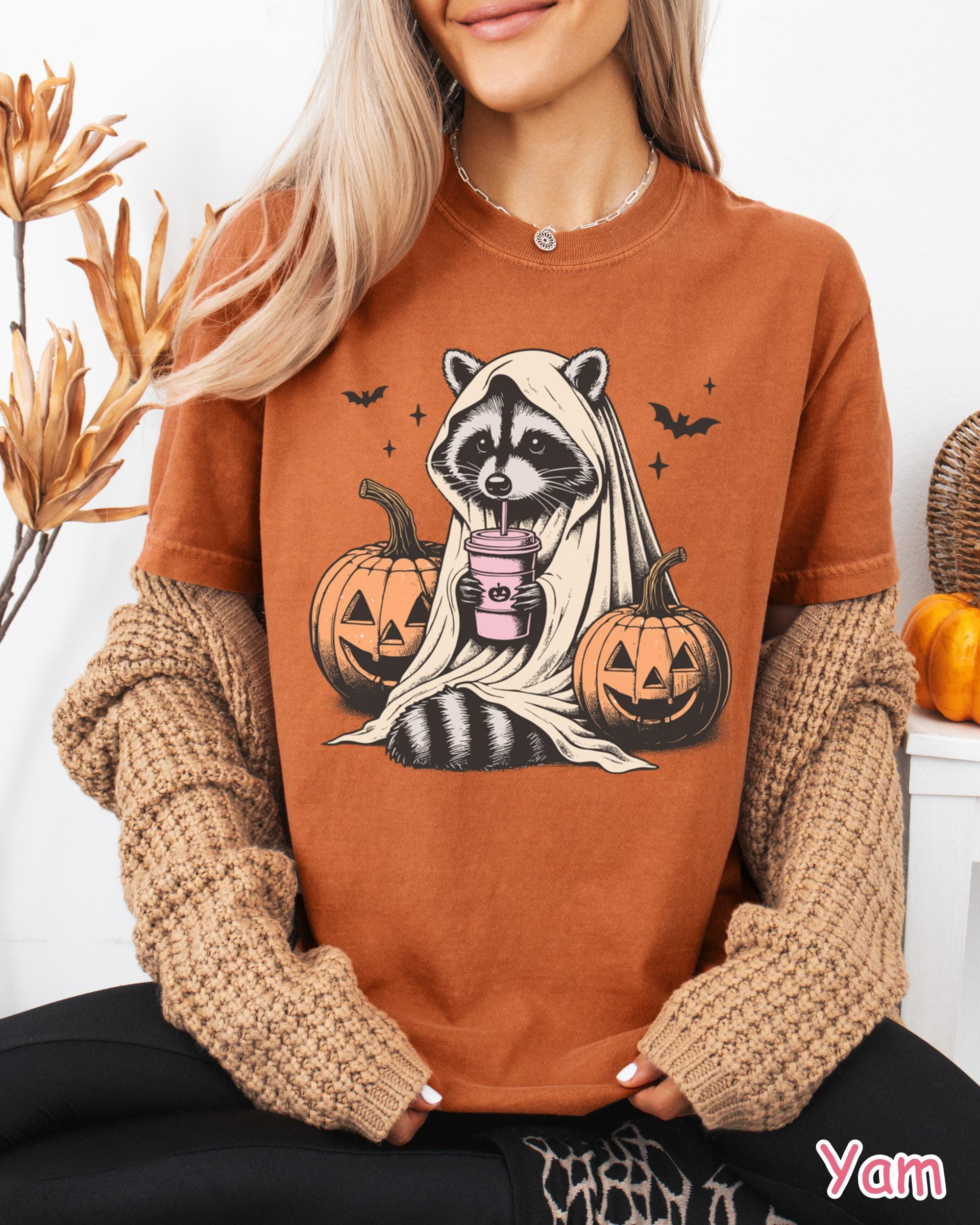 Comfort Colors® Halloween Raccoon Shirt, Cute Ghost Raccoon Shirt Raccoon Pumpkin Spice Tee Funny Spooky Season Shirt Fall Coffee Lover Gift