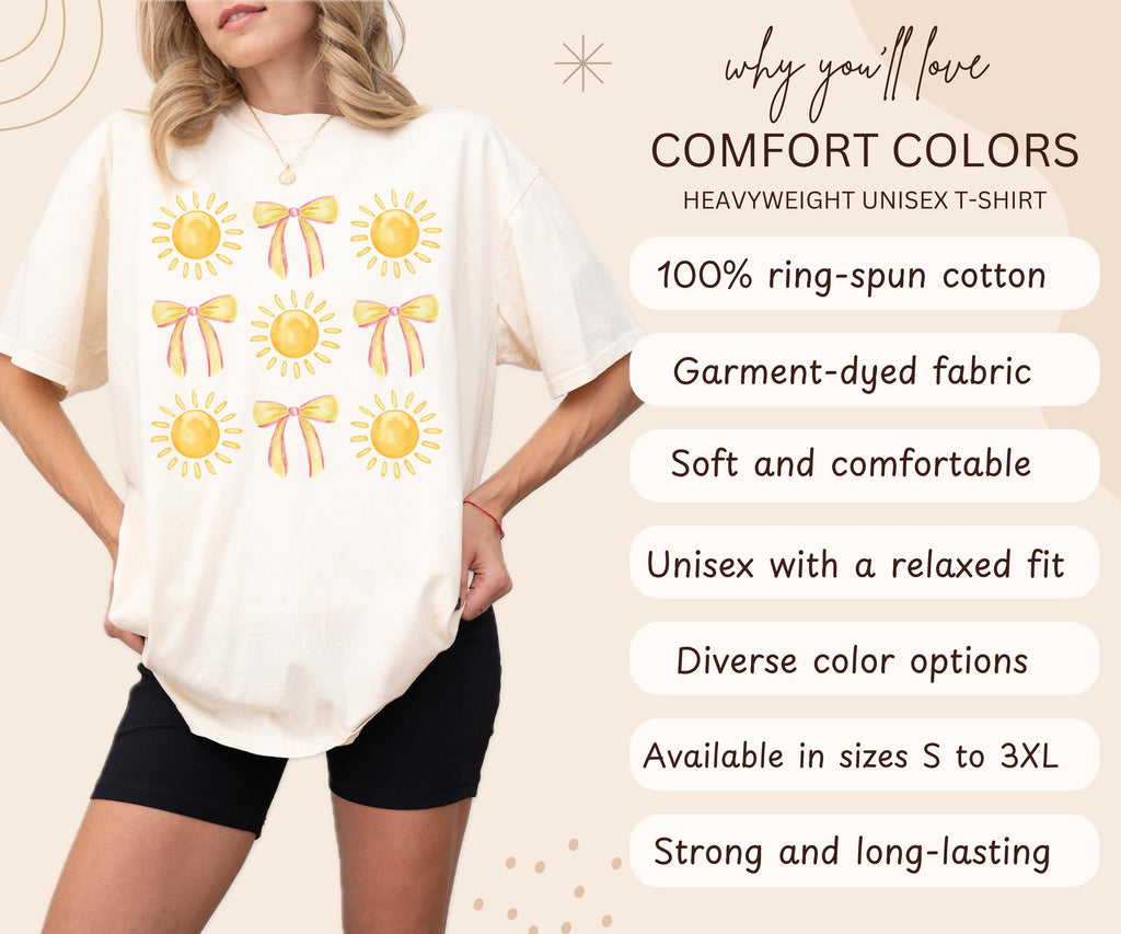 Comfort Colors® Coquette Bow Summer Shirt, Cute Beach Vibes Shirt, Sunshine Shirt Boho Summer Shirt for Women Trendy Sun and Bow Graphic Tee