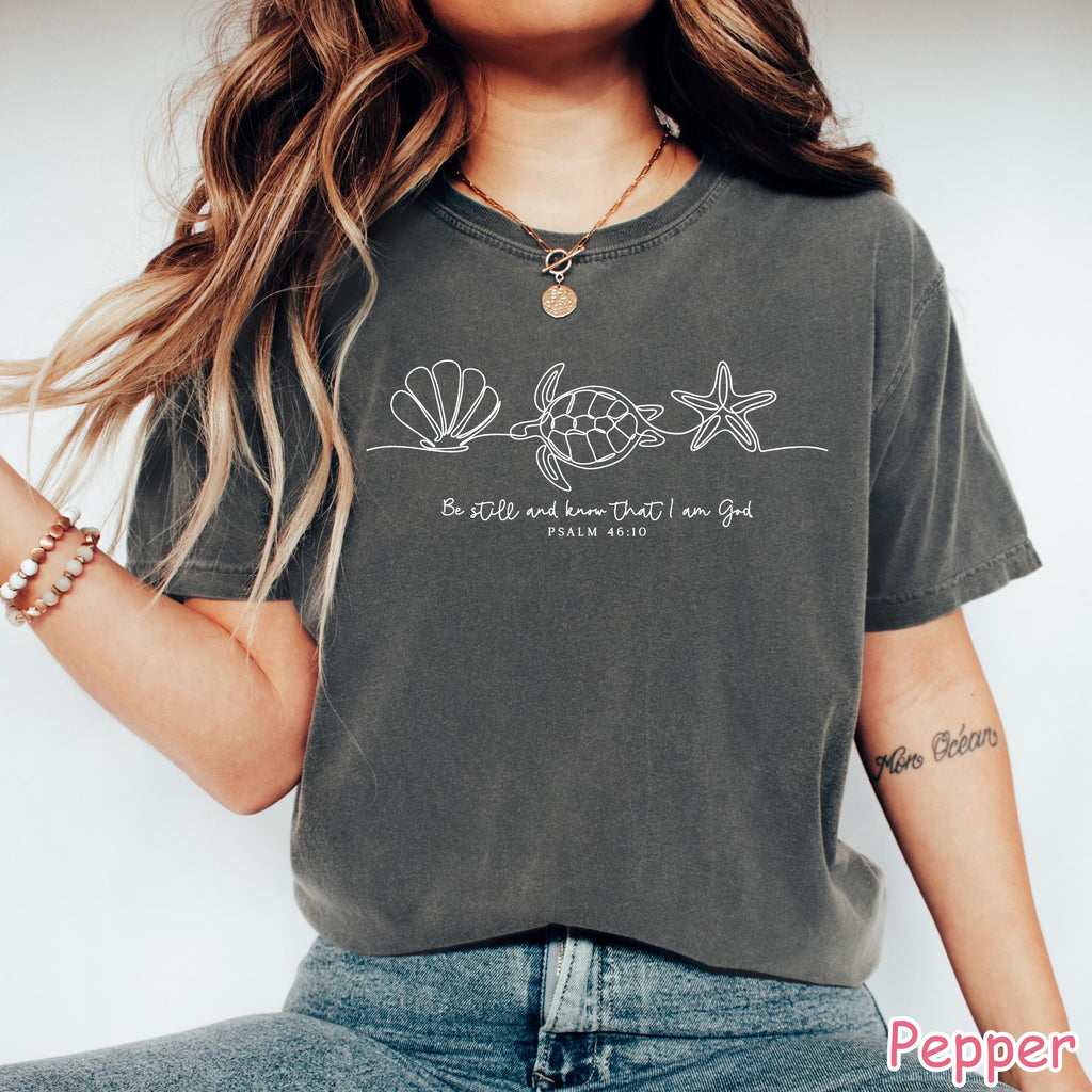 Comfort Colors® Cute Christian Shirt, Be Still And Know That I Am God, Bible Verse Shirt, Summer Religious Shirt, Seashell Turtle Sea Shirt