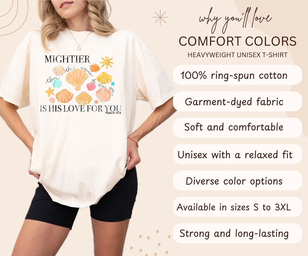 Comfort Colors Mightier Than The Waves Shirt - Christian Beach Shirt - Faith Shirt - Cute Bible Verse Summer Tee - Seashell Scripture Shirt