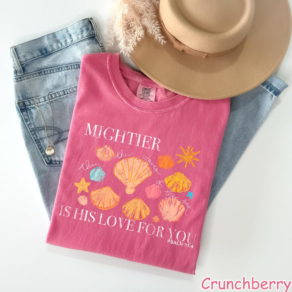 Comfort Colors Mightier Than The Waves Shirt - Christian Beach Shirt - Faith Shirt - Cute Bible Verse Summer Tee - Seashell Scripture Shirt