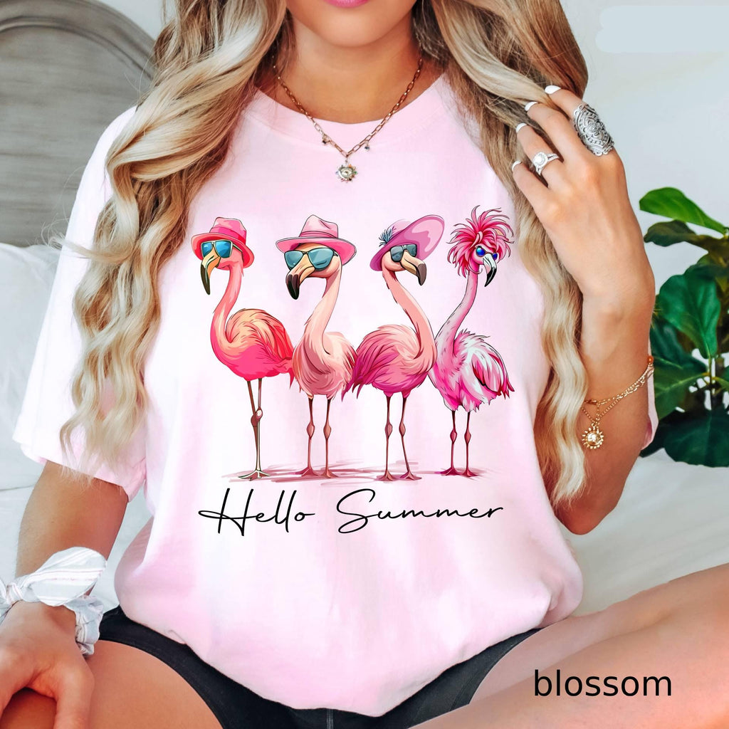 Comfort Colors© Hello Summer Flamingo T-Shirt, Funny Summer Beach Graphic Tee, Funny Vacation Shirt, Tropical Animal T-Shirt, Summer Girly
