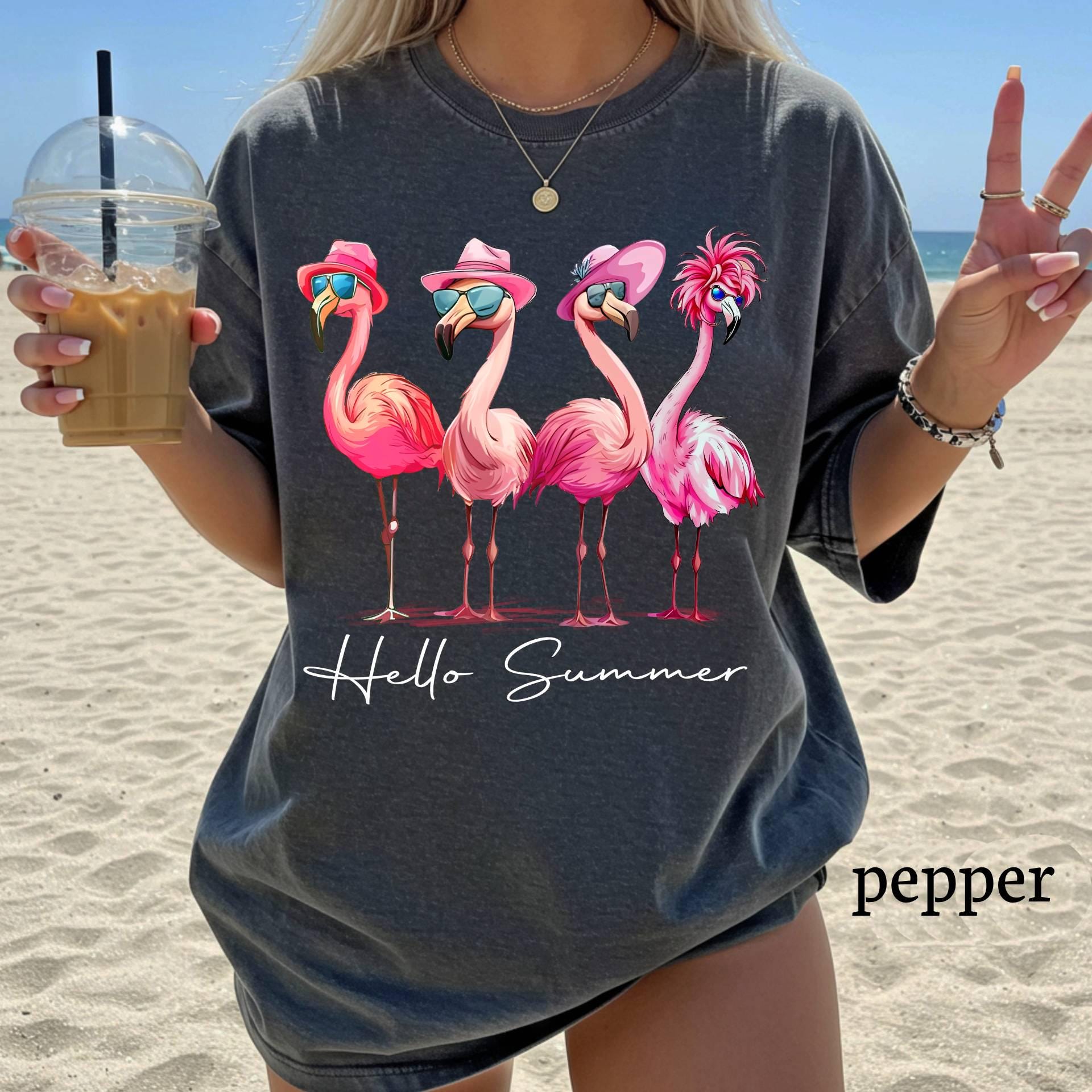 Comfort Colors© Hello Summer Flamingo T-Shirt, Funny Summer Beach Graphic Tee, Funny Vacation Shirt, Tropical Animal T-Shirt, Summer Girly