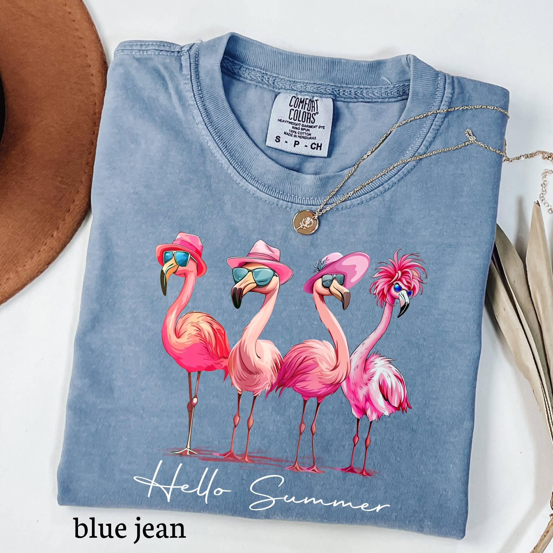 Comfort Colors© Hello Summer Flamingo T-Shirt, Funny Summer Beach Graphic Tee, Funny Vacation Shirt, Tropical Animal T-Shirt, Summer Girly