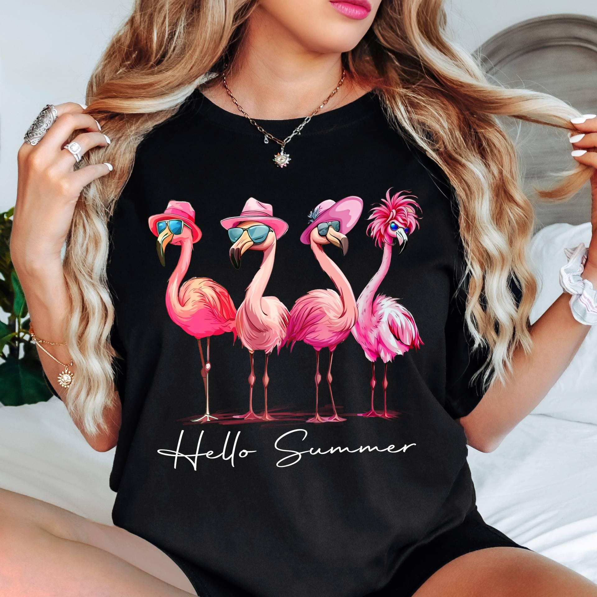 Comfort Colors© Hello Summer Flamingo T-Shirt, Funny Summer Beach Graphic Tee, Funny Vacation Shirt, Tropical Animal T-Shirt, Summer Girly