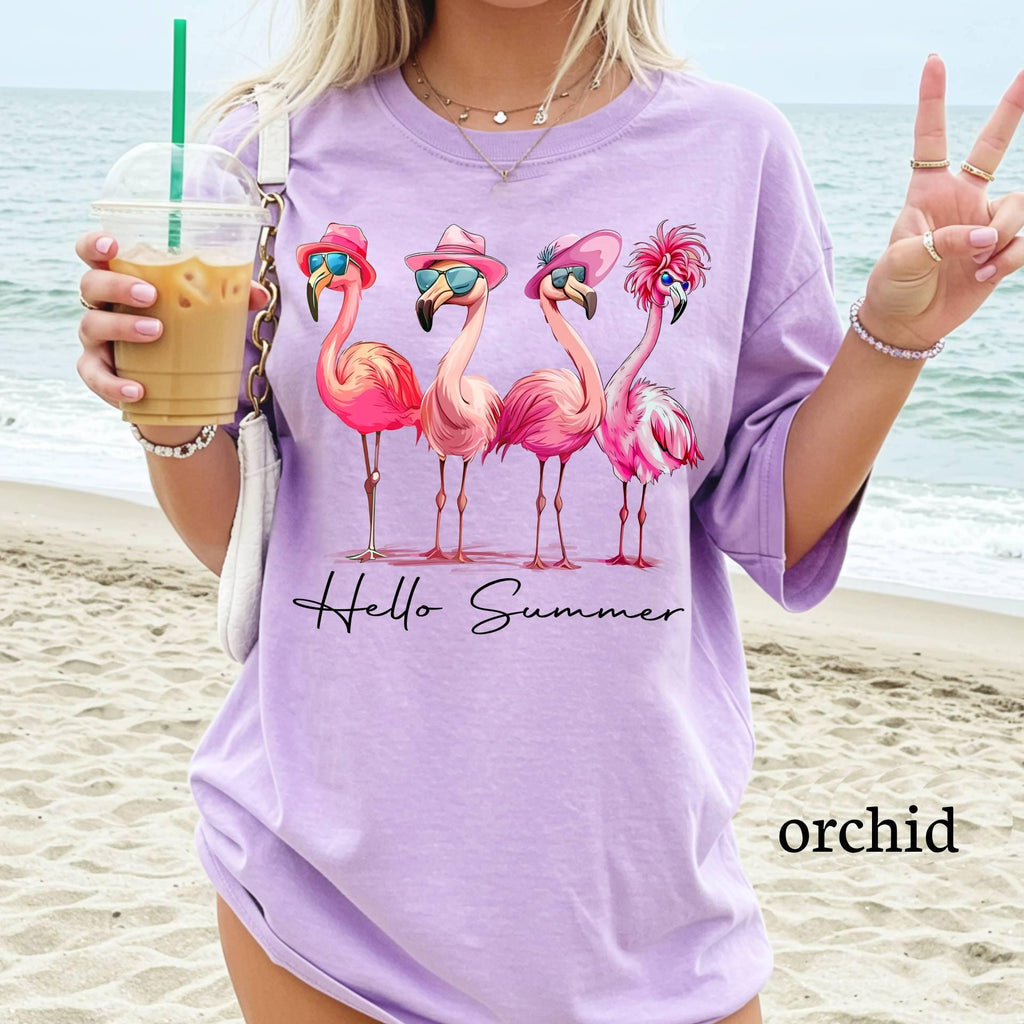 Comfort Colors© Hello Summer Flamingo T-Shirt, Funny Summer Beach Graphic Tee, Funny Vacation Shirt, Tropical Animal T-Shirt, Summer Girly