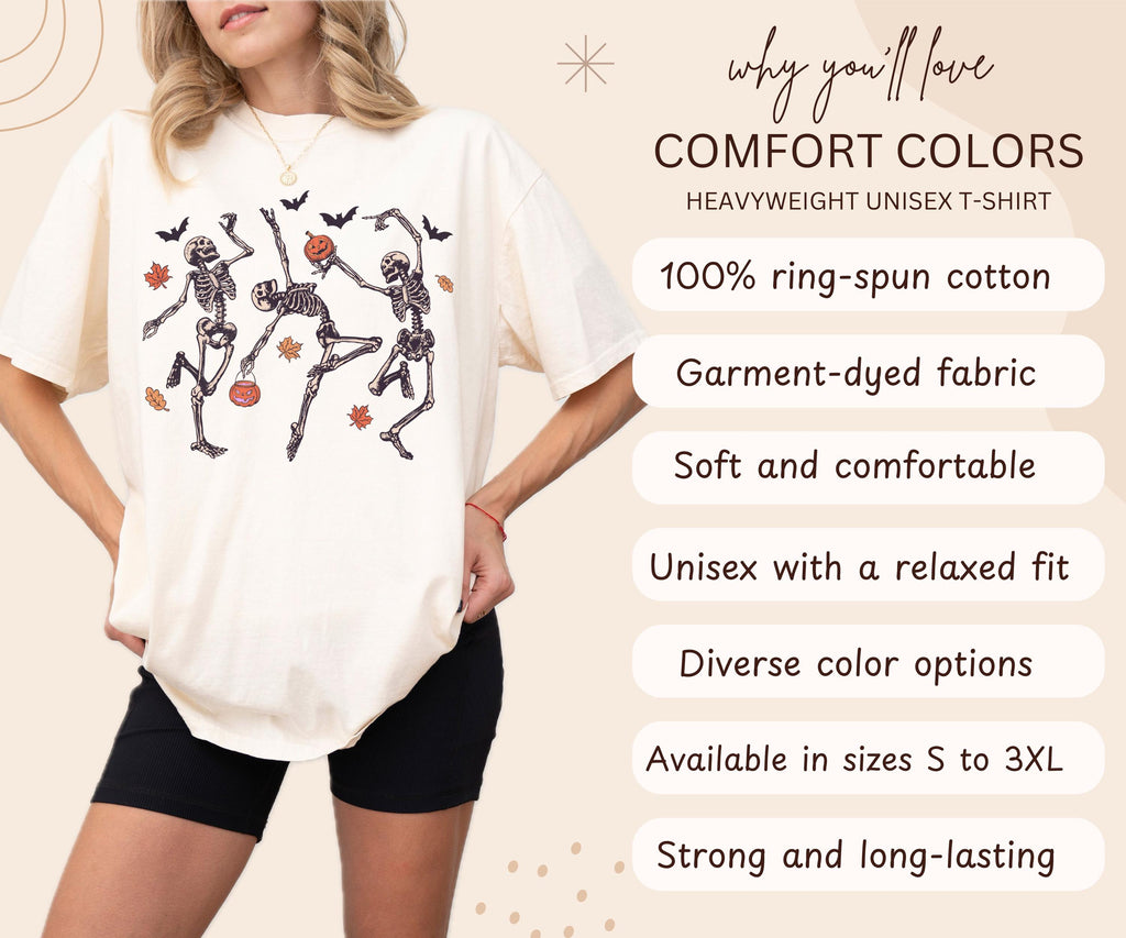 Comfort Colors® Dancing Skeleton Shirt, Retro Halloween Shirt, Pumpkin Shirt, Fall Shirt, Funny Halloween Women's Tee, Spooky Season T-Shirt